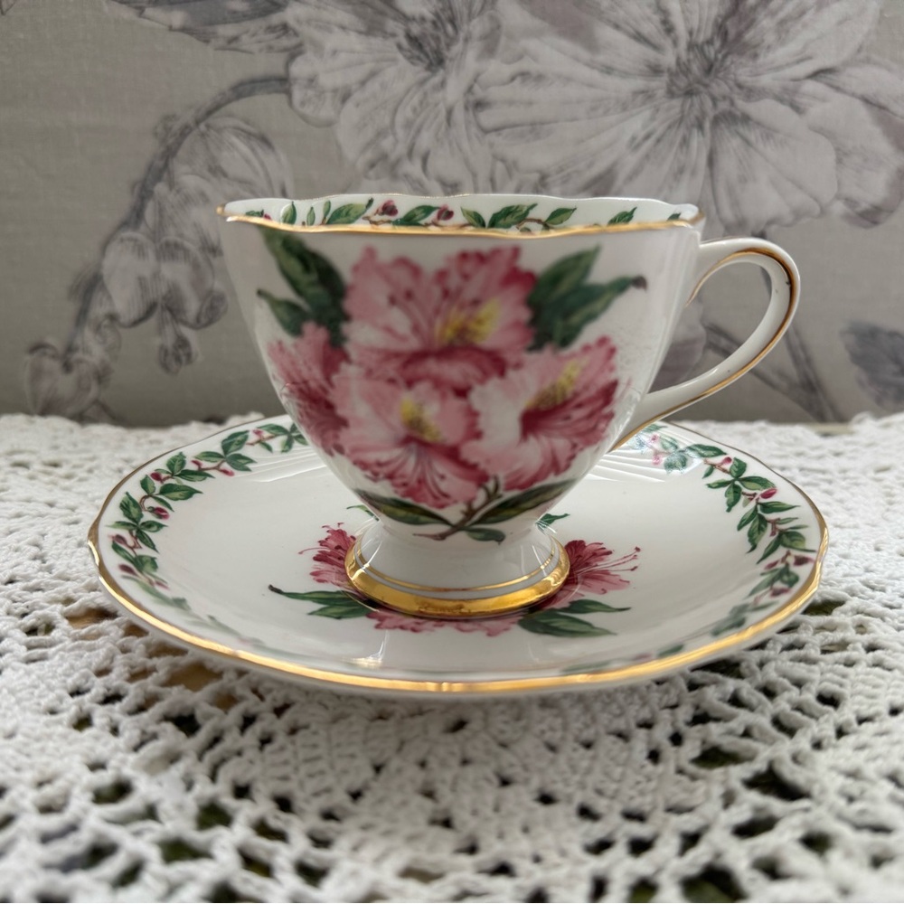 Floral Teacup and Saucer Set - Pink and Green